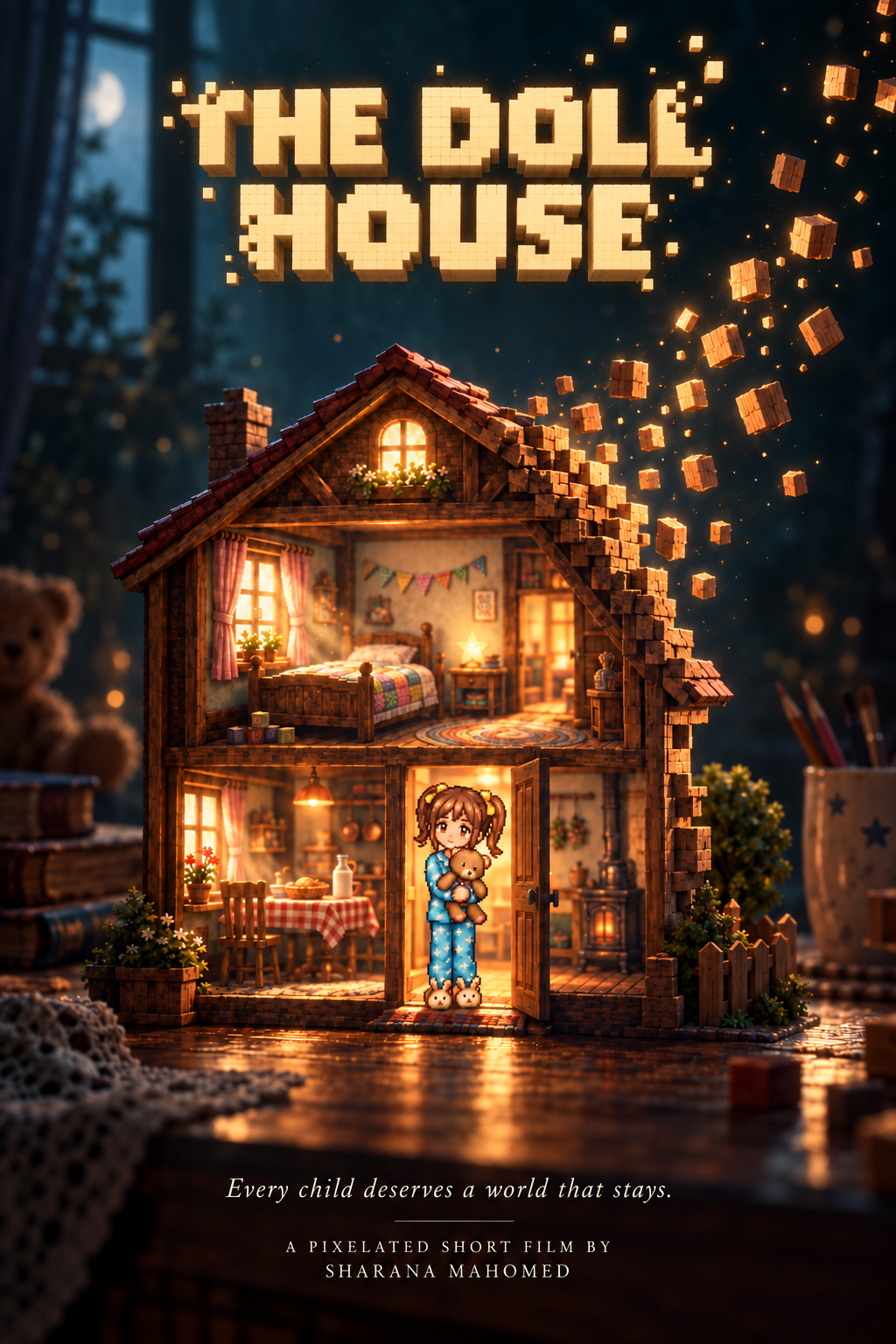 Poster for the pixelated short film The Doll House by Sharana Mahomed
